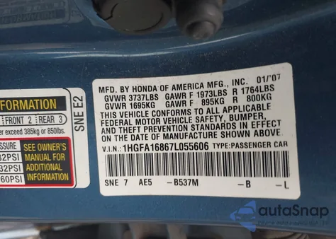 2007 Honda Civic Ex from USA, damaged, VIN 1HGFA16867L055606